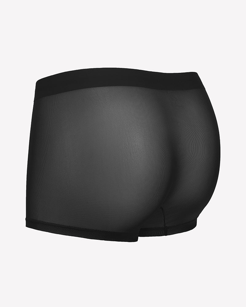 Men's mesh boxer briefs, black, back view with breathable sheer mesh fabric