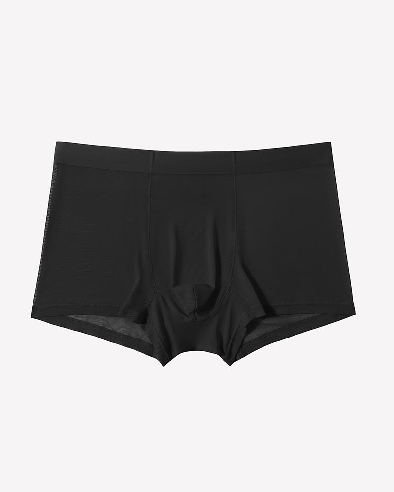 Black mesh boxer briefs with fitted waistband and center seam detail.