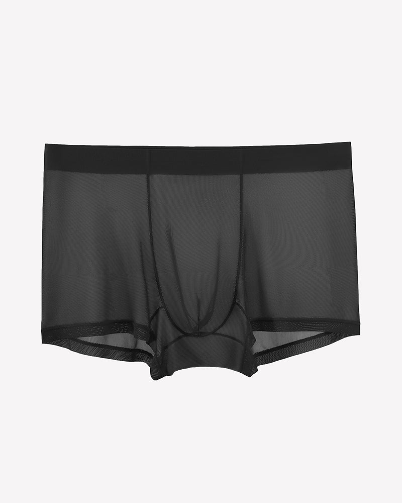 Black mesh boxer briefs laid flat, sheer front panel and contoured pouch.