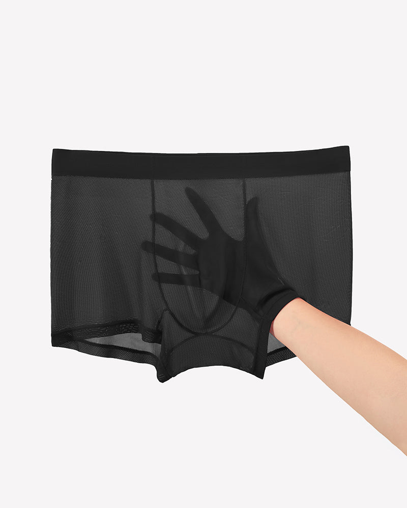 Black mesh boxer briefs with sheer side panels, held open by a hand.