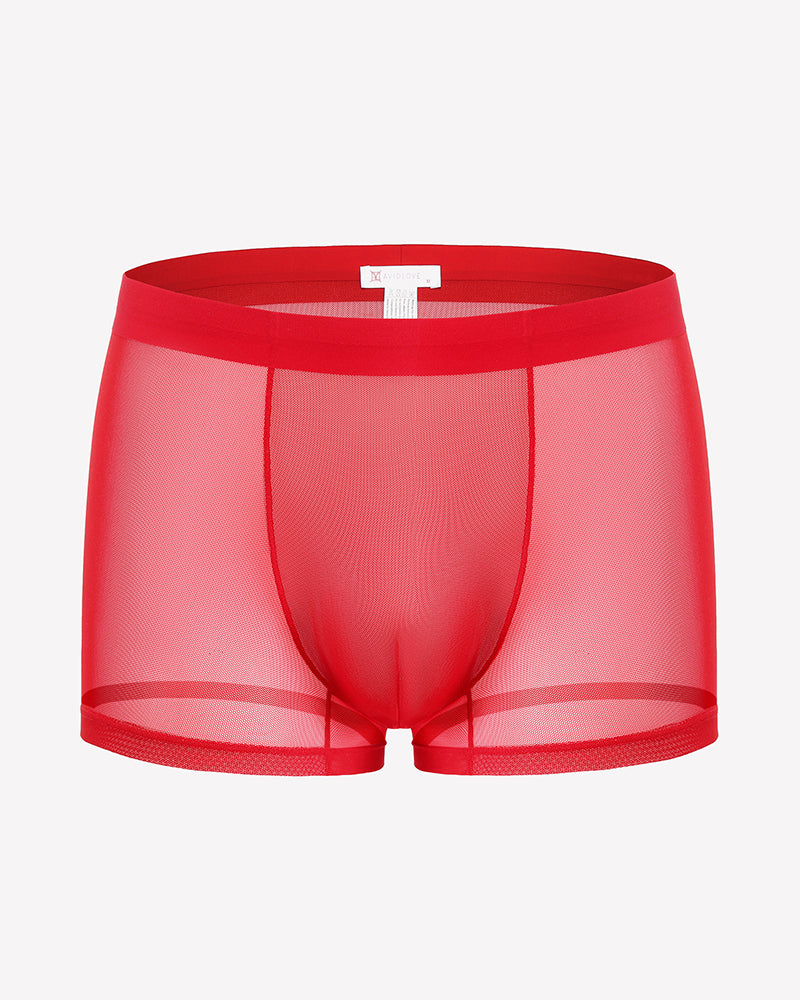 Men's mesh boxer briefs, red, breathable stretch trunk style with front panel