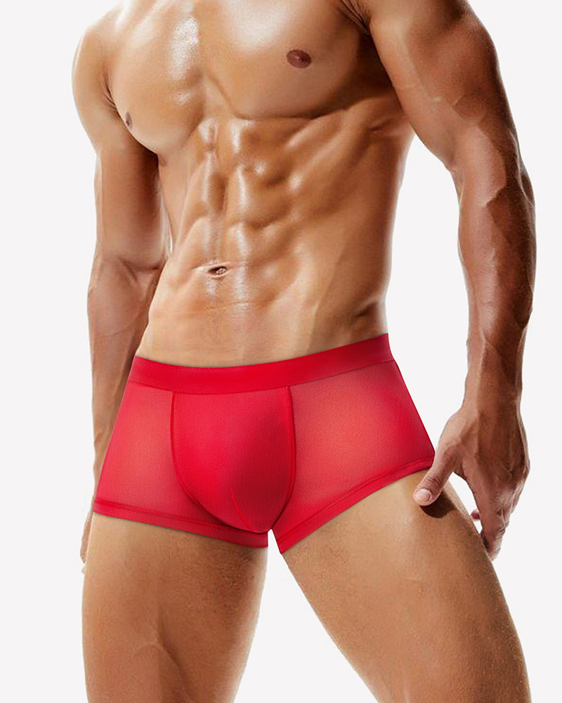 Red mesh boxer briefs on model with elastic waistband and contoured pouch.