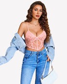 Pink lace bra and thong set with floral embroidery, sheer corset-style front panel