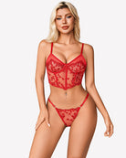 Red floral lace corset-style bra top with matching thong set