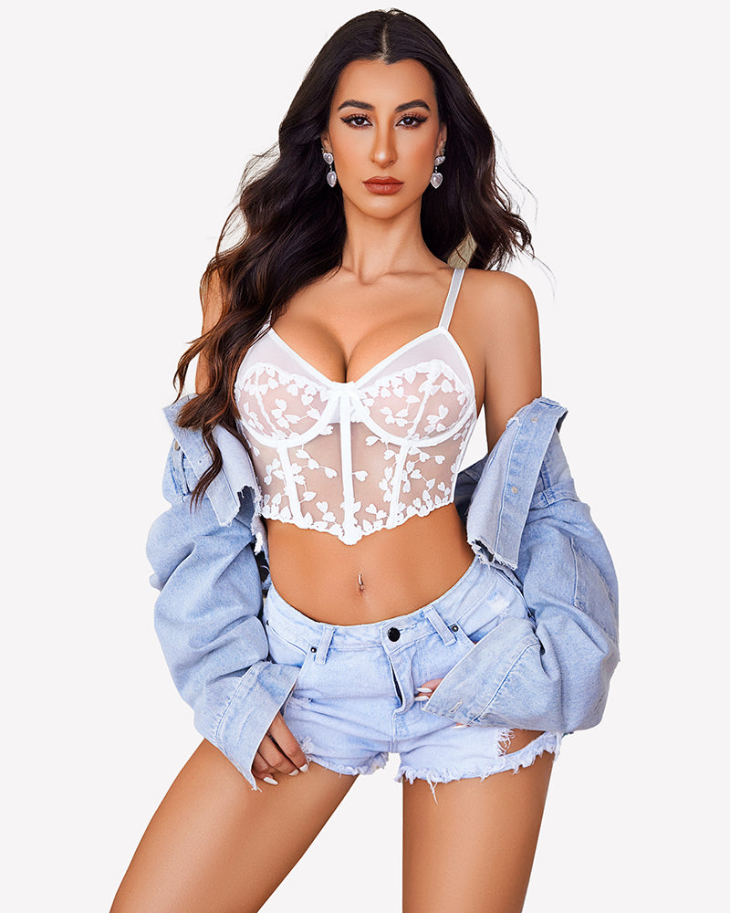 White floral lace bra top and matching thong set with vertical lace trim