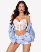 White floral lace bra top and matching thong set with vertical lace trim