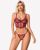 Dark red floral lace bra top with matching thong set and bow center