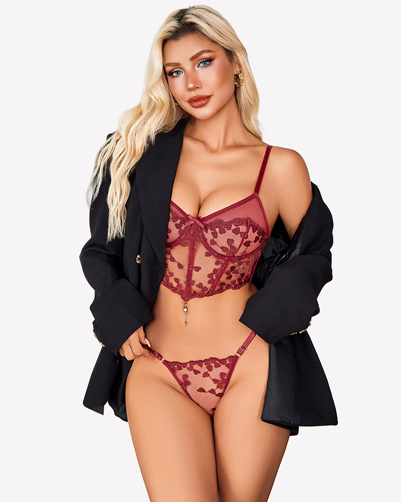 Dark red floral lace bra top and matching thong set with tie-front
