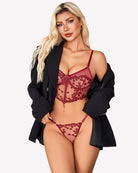 Dark red floral lace bra top and matching thong set with tie-front