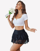 Black lace mini ruffle skirt with tiered gathered flounces and elastic waistband, sheer lace