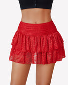 Red lace layered mini ruffle skirt with tiered gathered flounces and elastic waist
