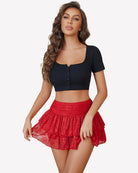 Red lace mini ruffle skirt with tiered flounces and elastic waistband, sheer lace finish