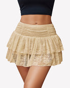 Tiered ruffle lace mini skirt, light brown with layered scalloped hem