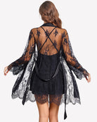 Black satin nightgown with lace robe, open back crisscross straps.