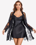 Black satin nightgown with lace robe, V-neck and layered lace sleeves.
