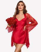 Red satin nightgown with lace robe, V-neck and sheer lace sleeves.