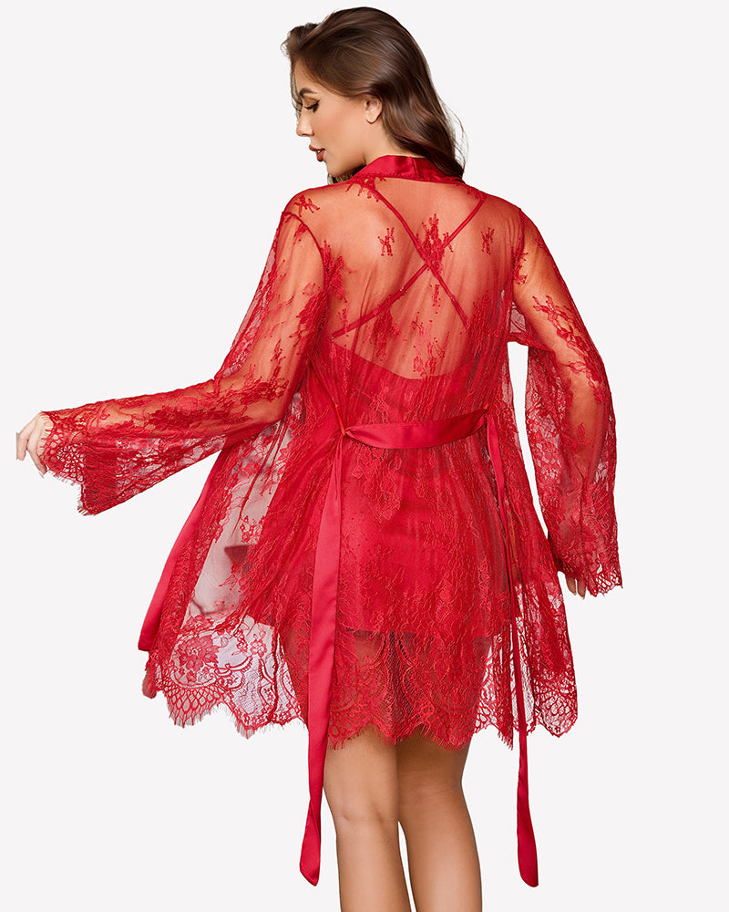 Red lace robe over satin nightgown, open back and layered lace.