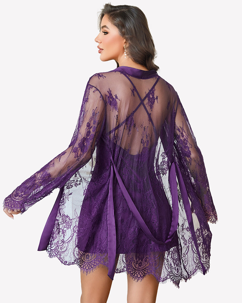 Purple sheer lace robe with open back design and long lace sleeves