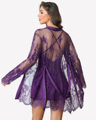 Purple sheer lace robe with open back design and long lace sleeves
