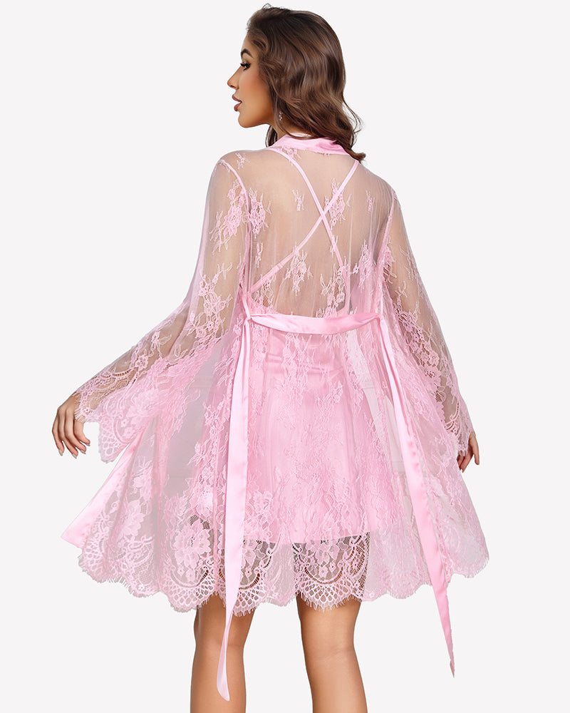 Pink cowl neck satin nightgown with lace robe, back view, lace overlay