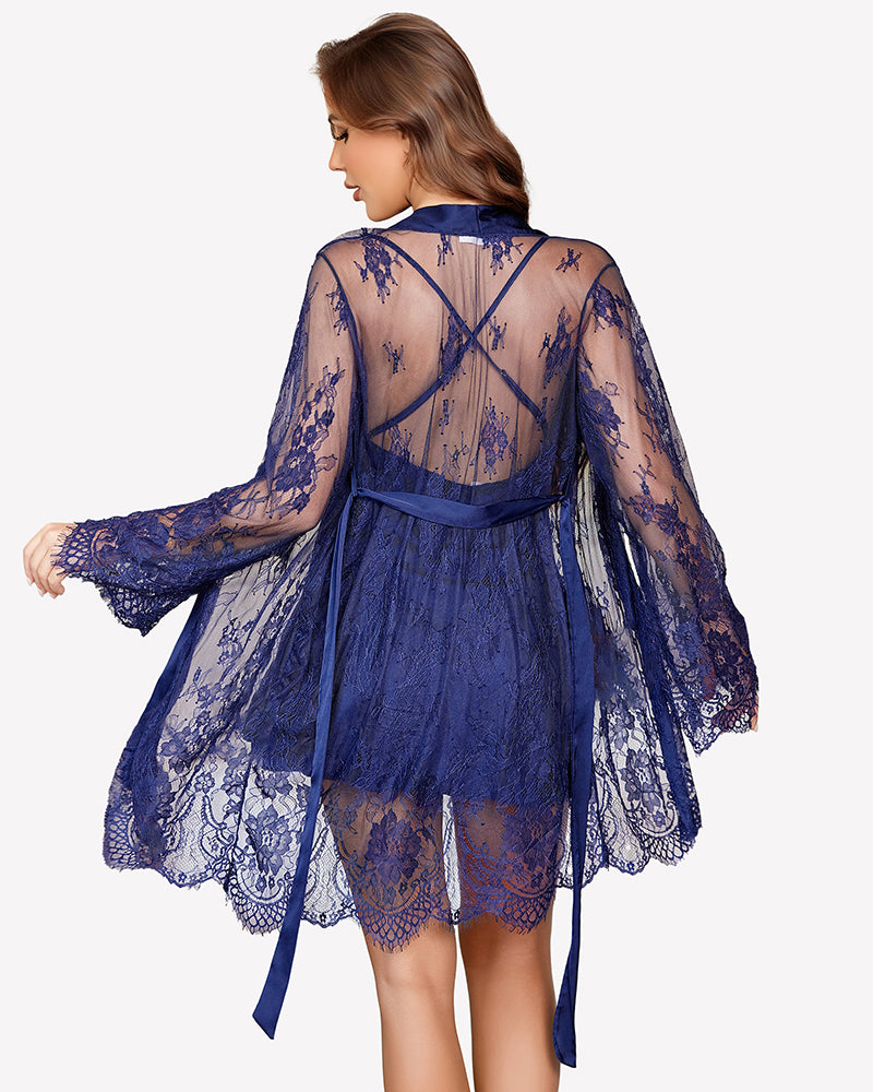 Dark blue sheer lace robe with open back and long lace sleeves