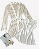 White satin nightgown with lace robe set and bow-tie waist, plus matching slip