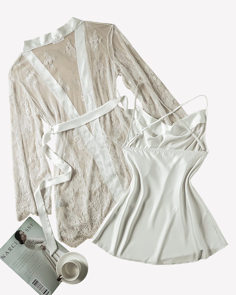 White lace robe with open front and tied waist, paired with satin nightgown