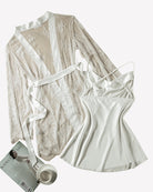 White lace robe with open front and tied waist, paired with satin nightgown