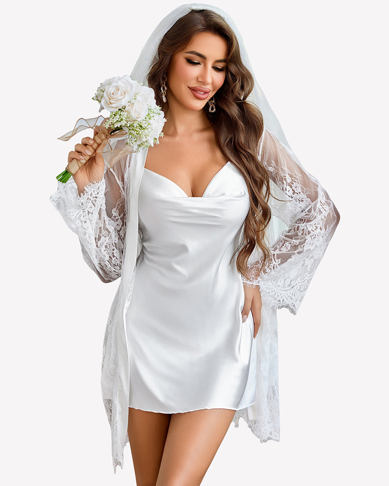 White satin cowl-neck nightgown with long lace sleeves and hooded robe