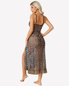 Leopard print faux wrap V-neck midi dress with back view and side slit