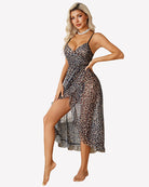 Leopard print faux wrap V-neck midi dress with ruffle hem and side slit