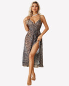 Leopard print faux wrap V-neck midi dress with ruffle hem and side slit detail