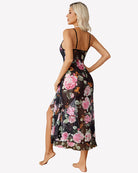 Black floral midi dress with thin spaghetti straps and faux wrap ruffle hem