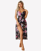 Black floral faux wrap V-neck midi dress with spaghetti straps and ruffle hem