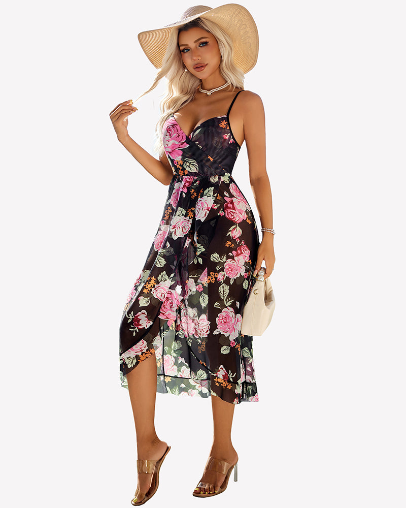 Black floral faux wrap V-neck midi dress with thin spaghetti straps and ruffle hem