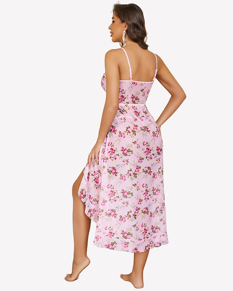 Pink floral faux wrap midi dress with thin spaghetti straps and high side slit
