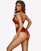 Red lace high-waisted bra and crotchless panty set, side view, lace cutout panel