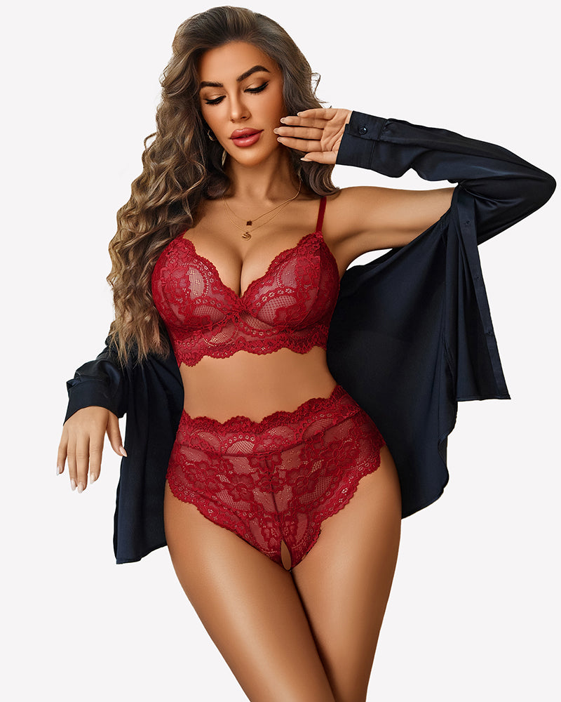 Red lace high-waisted bra and crotchless panty set, front view, high-rise briefs