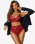 Red lace high-waisted bra and crotchless panty set, front view, high-rise briefs