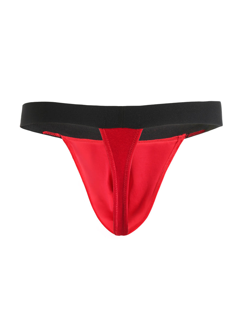 Red g-string thong with black waistband and central seam detail