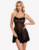 Sheer black babydoll nightgown with lace bust trim and scalloped lace hem