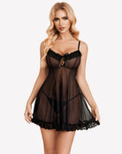 Sheer black babydoll nightgown with lace neckline, tie-front detail, flared skirt