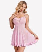 Sheer pink babydoll nightgown with lace-trimmed bust and ruffled lace hem