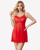 Red sheer babydoll nightgown with lace bust trim, ribbon bow, and ruffle hem