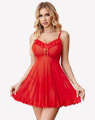 Red sheer lace babydoll nightgown with ribbon bow neckline and scalloped hem