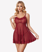 Wine red sheer babydoll nightgown with lace bust trim, ribbon bow, and ruffle hem