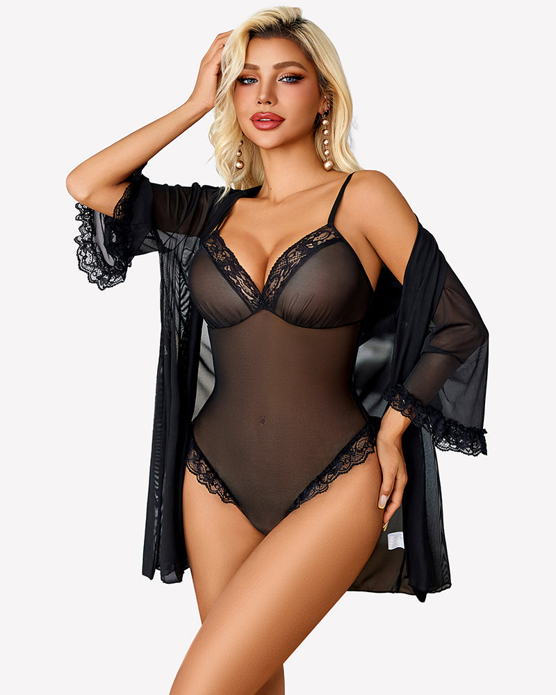 Black lace mesh bodysuit and robe set, front view