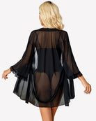 Black lace mesh bodysuit with robe set, back view