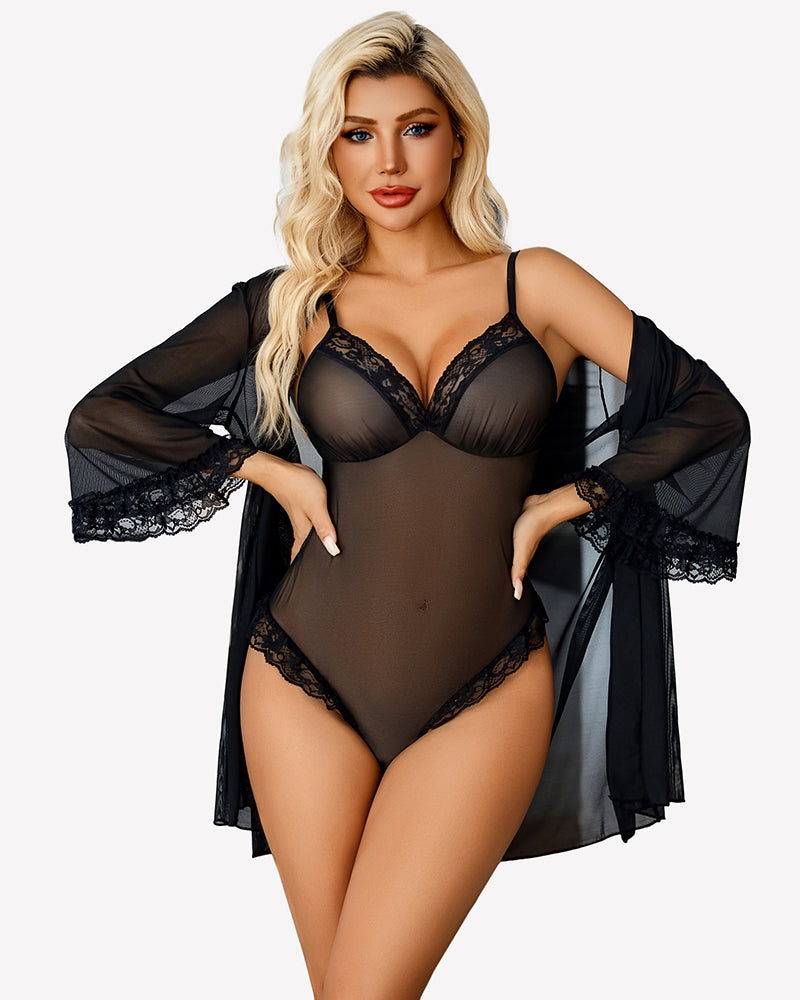 Black lace mesh bodysuit and robe set with lace trim