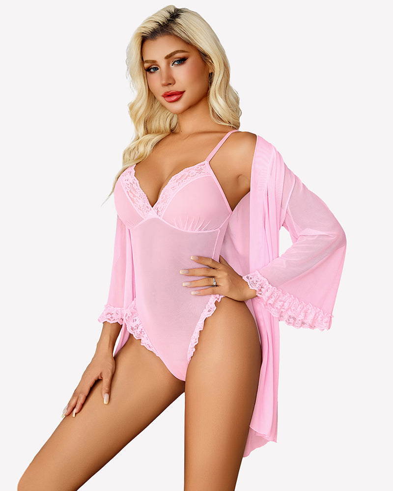 Pink lace mesh bodysuit and matching robe set